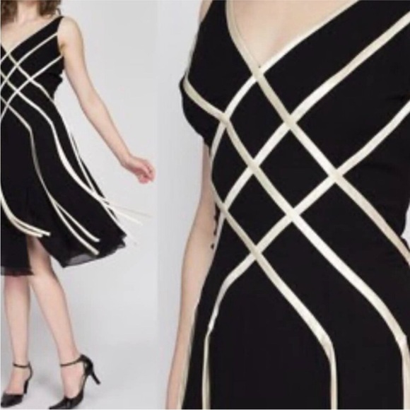 SILK ADRIANNA PAPELL EVENING Black Cream Ribbon Fit Flow Cocktail Dress Wedding - Picture 3 of 17